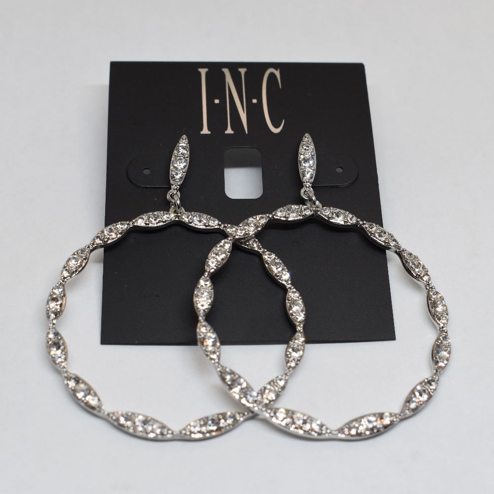 INC Silver tone Crystal Drop Hoop Earrings